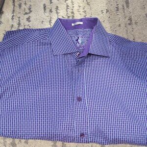 Bugatchi Purple, blue and white checkered shaped fit Long sleeve dress shirt